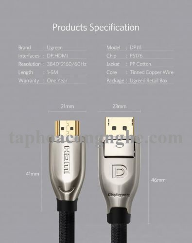 Ugreen 40435 3M Màu Đen Cáp chuyển đổi Displayport 1.2 sang HDMI 2.0 cao cấp DP111 30040435